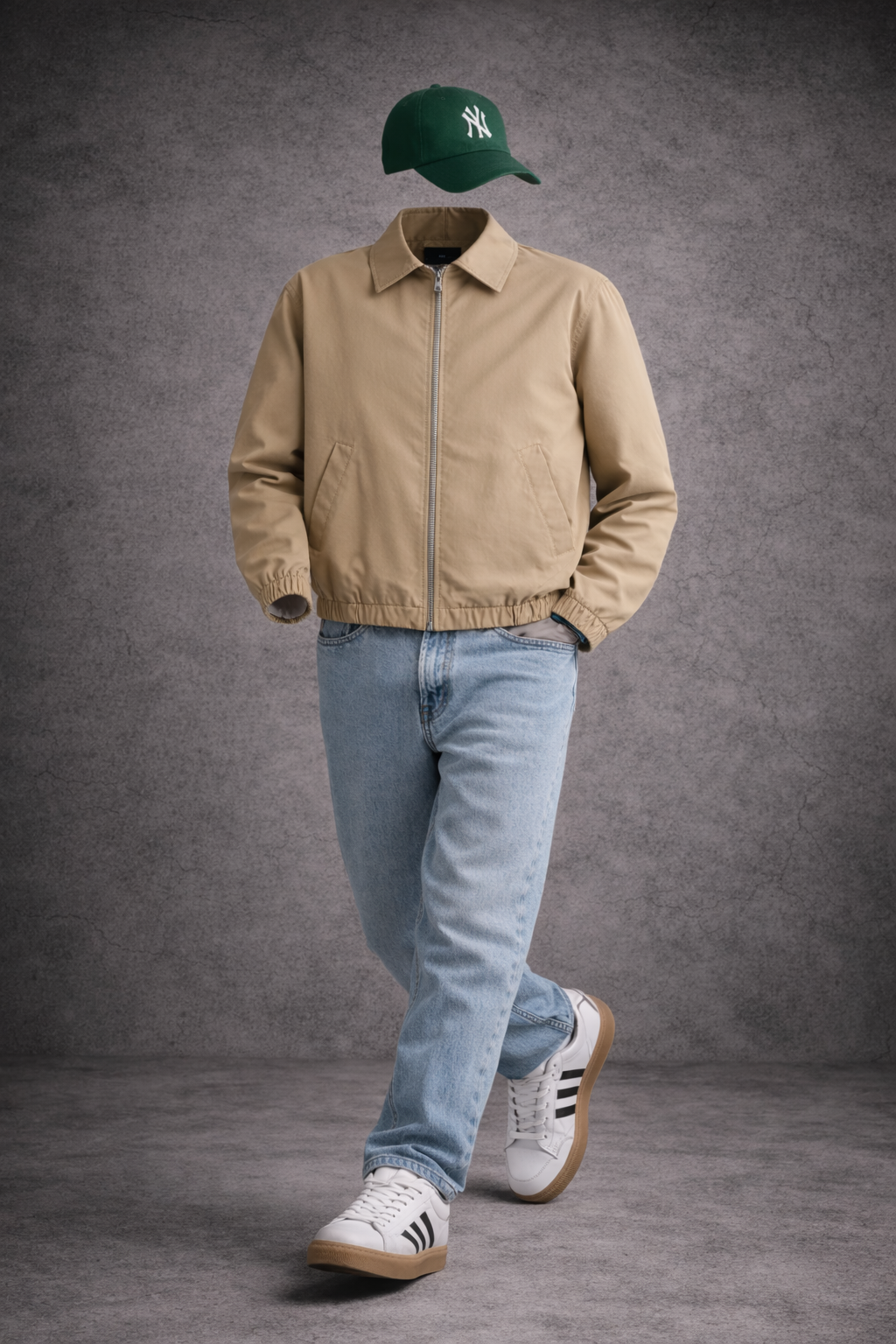 Effortless Smart Casual Outfit for Men 2026 Beige Bomber Light Wash Jeans Samba Style
