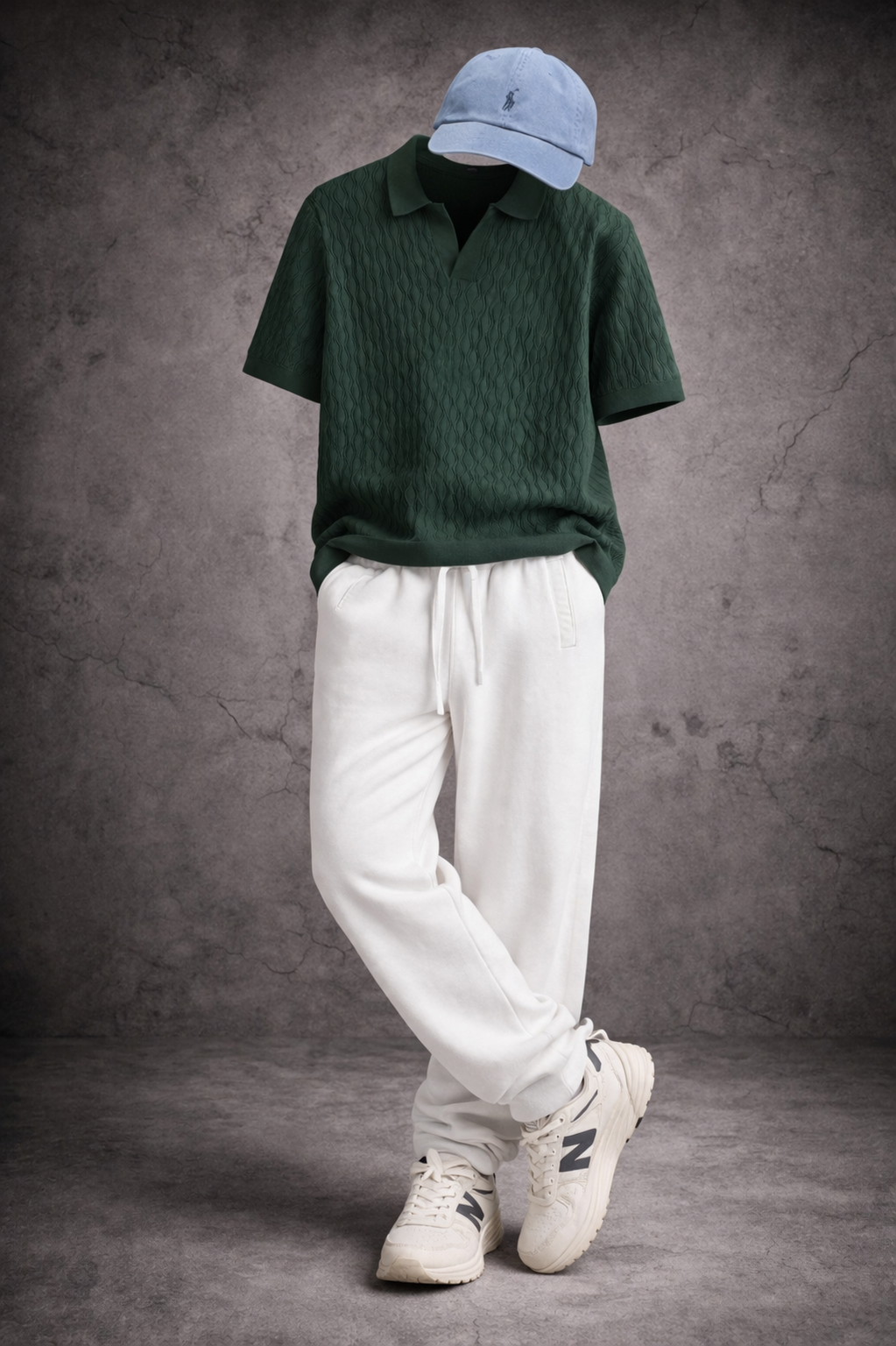 Effortless Smart Casual Outfit for Men: Green Polo, Cream Joggers and Clean Trainers